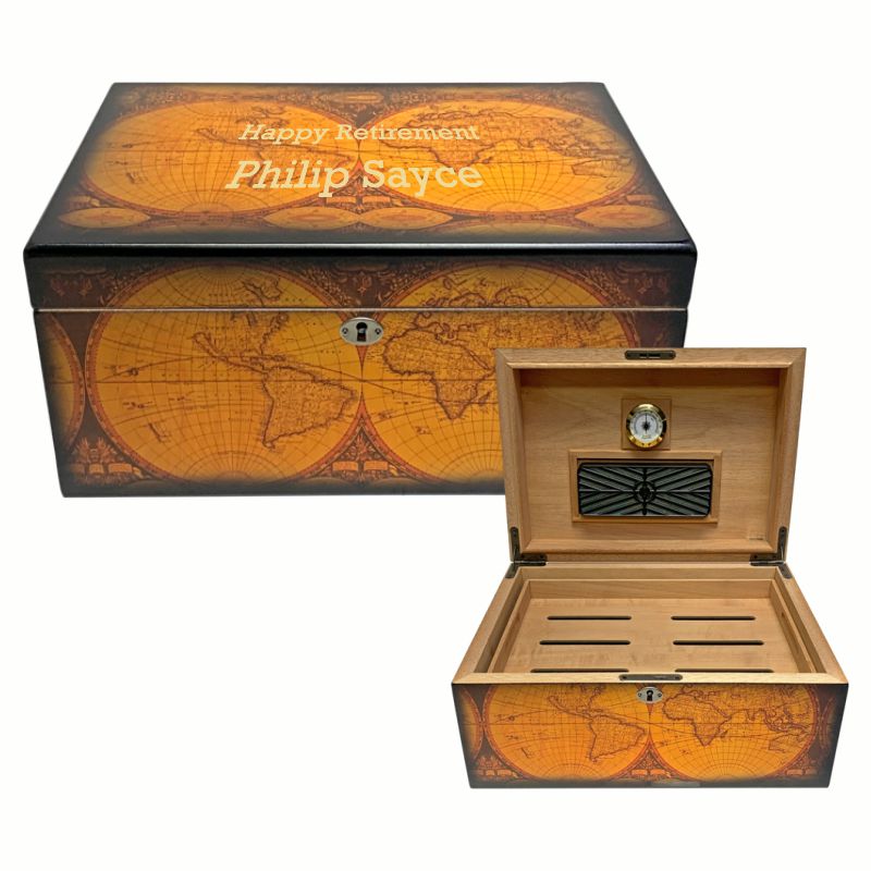 Humidor with World Map Motif - Personalized Engraved Gifts