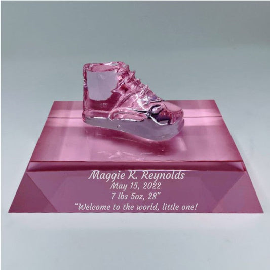 Personalized Pink Glass Baby Shoe Keepsake on Pink Crystal Base Emma - Personalized Engraved Gifts