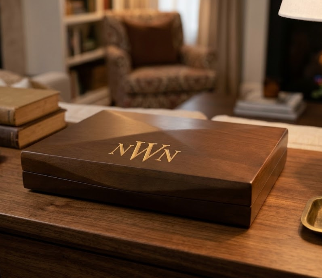 A dark brown wooden keepsake box with gold engraved initials 'NWN' on the lid, resting on a wooden desk in a warm, softly blurred living room setting.