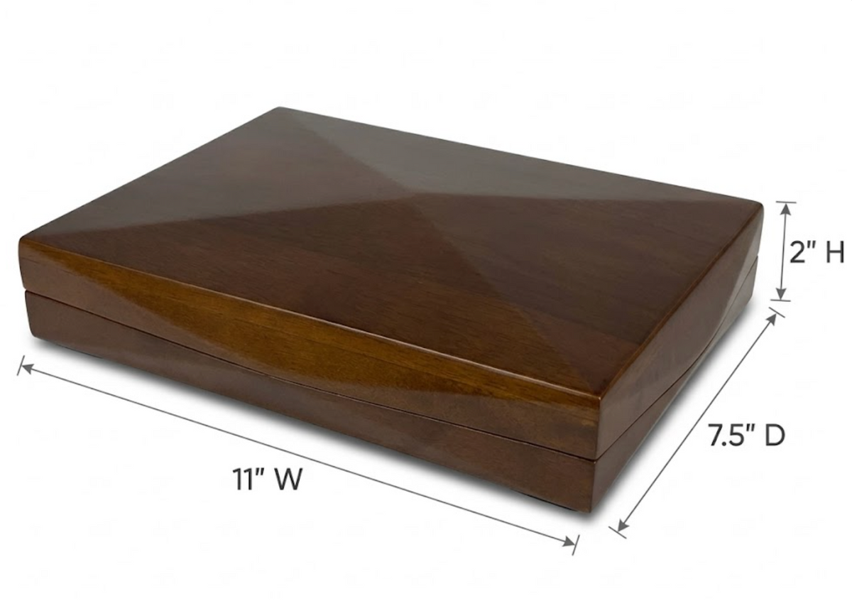 A dark brown wooden storage box with dimension lines indicating measurements of 11 inches wide, 7.5 inches deep, and 2 inches high, on a white background.