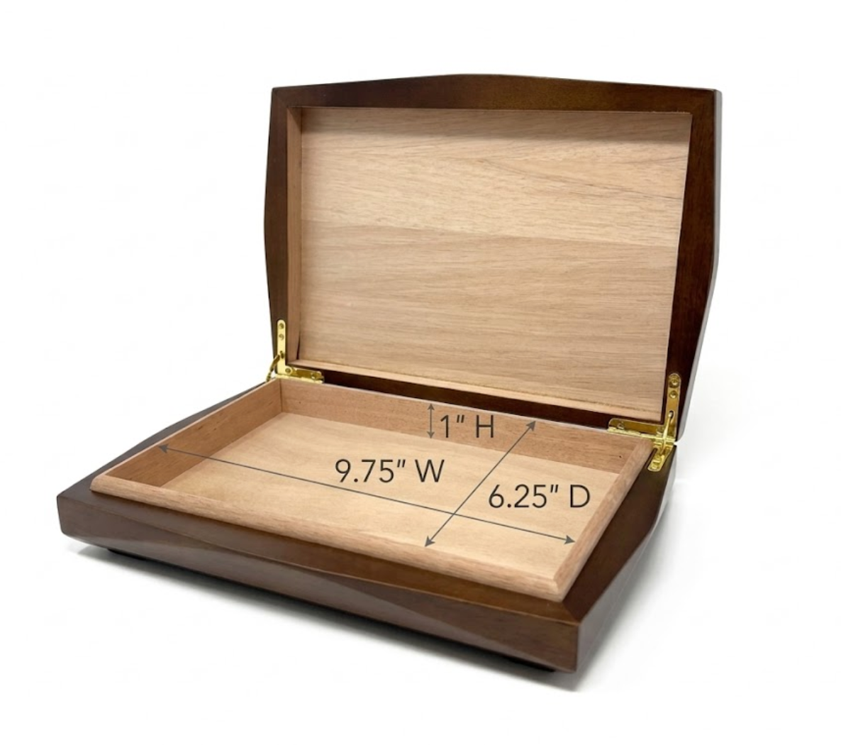 An open wooden cigar humidor with dimension markings showing 1" height, 9.75" width, and 6.25" depth, on a white background.