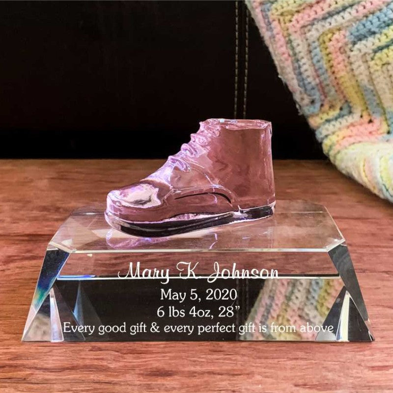 Pink Glass Baby Shoe Keepsake on Crystal Base Olivia - Personalized Engraved Gifts