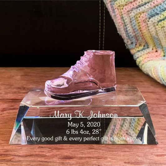 Pink Glass Baby Shoe Keepsake on Crystal Base Olivia - Personalized Engraved Gifts