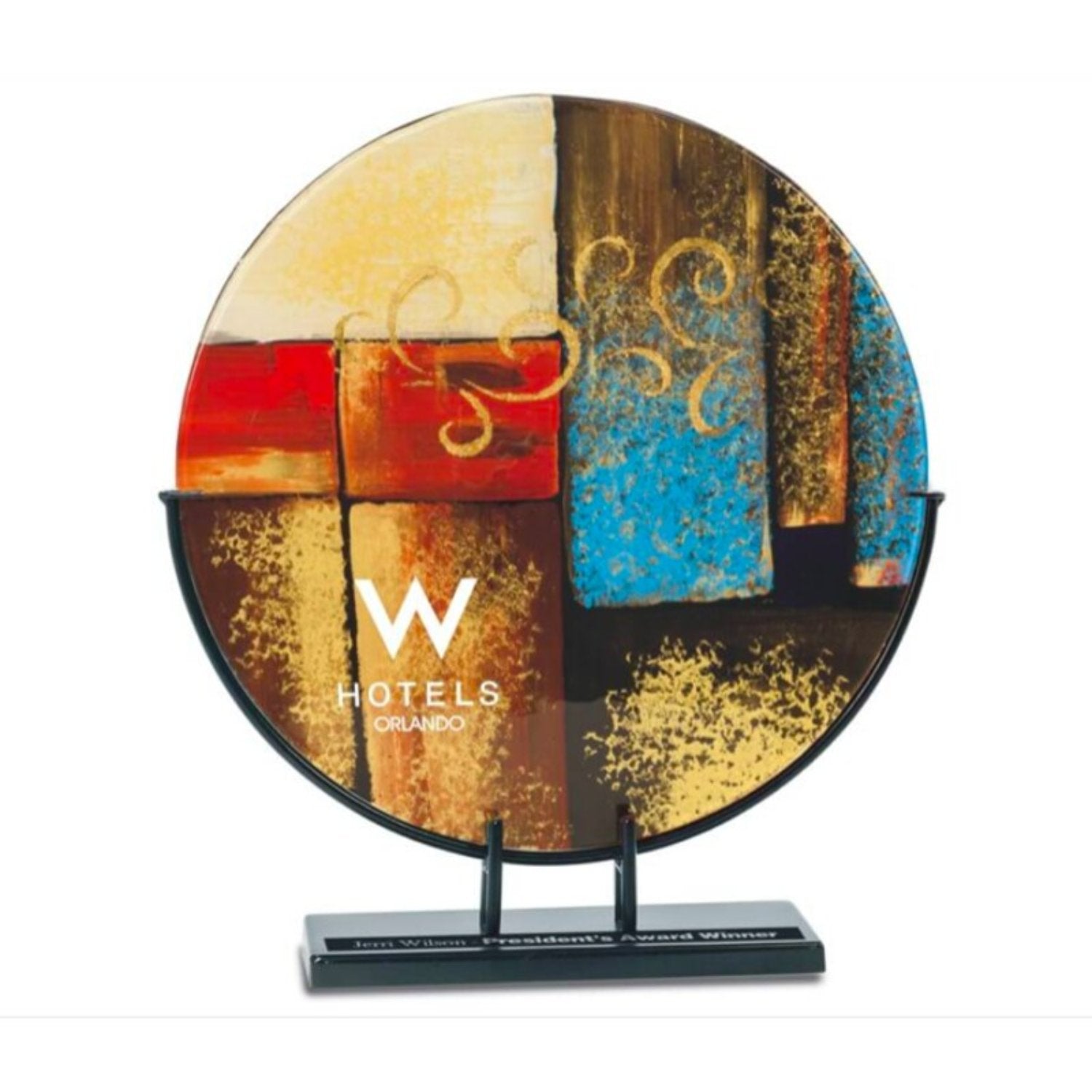 Red, Blue & Gold Abstract Art Glass Round Plate - Personalized Engraved Gifts