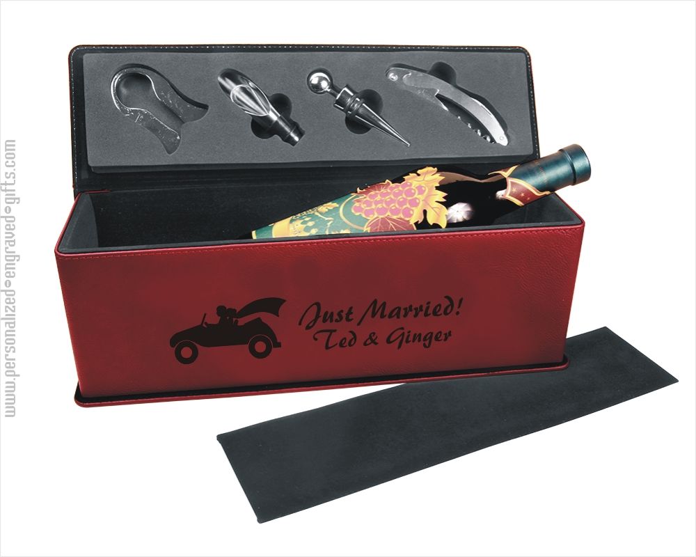 Personalized Wine Gift Box with Wine Tools ~ Red Leatherette - Personalized Engraved Gifts