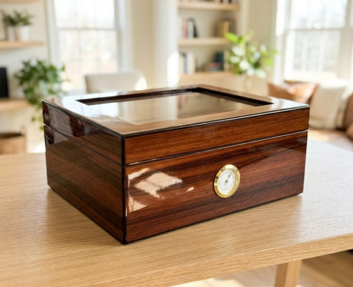 Personalized Piano-Finish Glass Top Cigar Humidor with Hygrometer ~ Large Seco