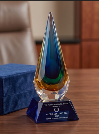 Récompense en verre artistique gravée en forme de goutte de pluie en cristal bleu sur base noire