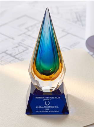 Récompense en verre artistique gravée en forme de goutte de pluie en cristal bleu sur base noire