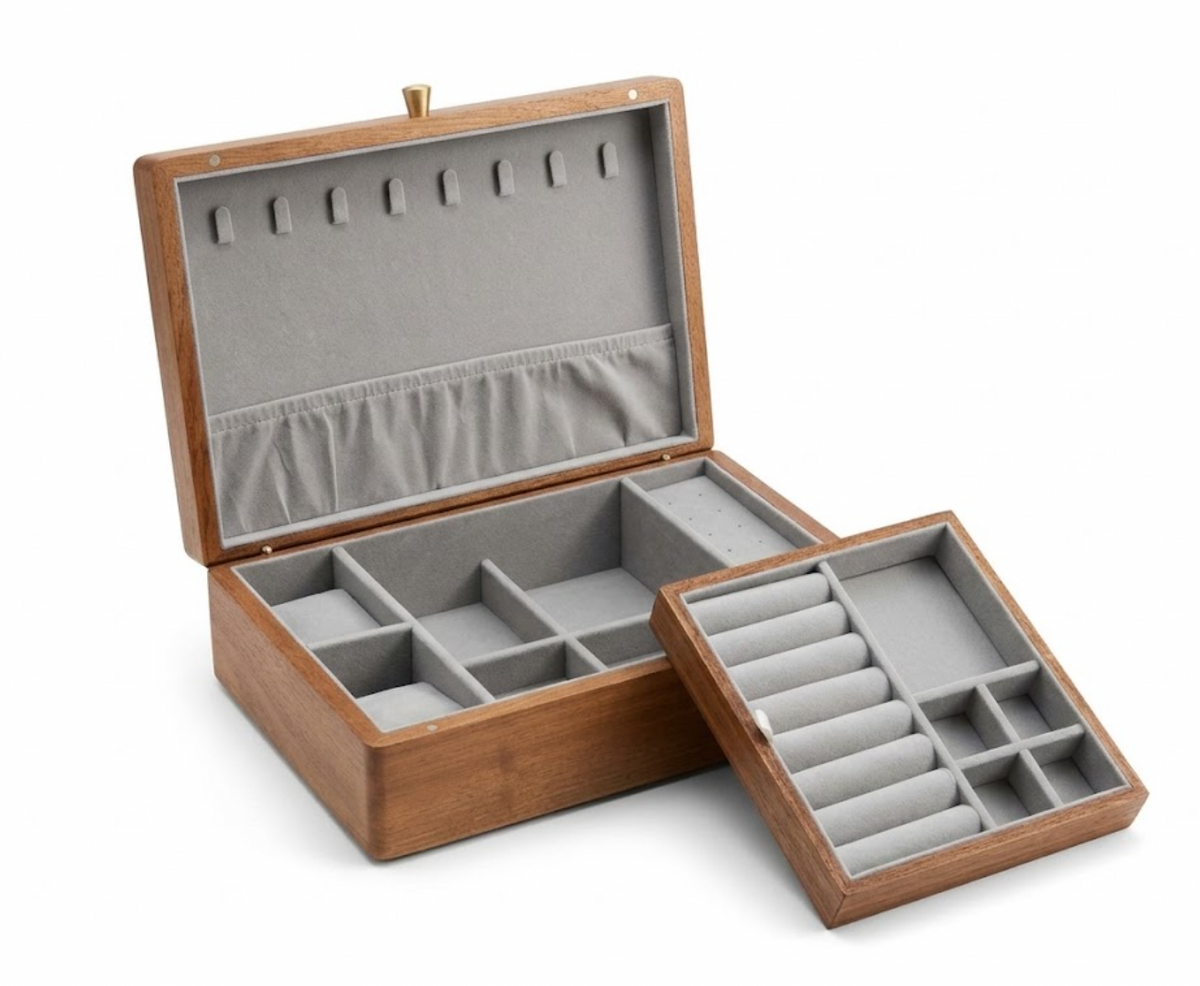 Open wooden jewelry box showing gray lining, necklace hooks, divided storage, and removable ring tray