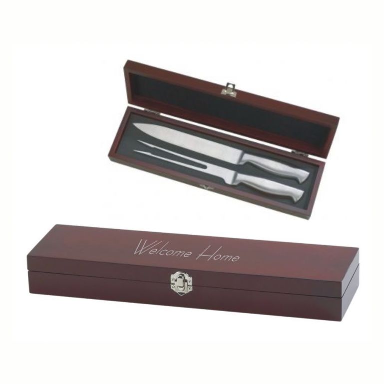 Engraved Stainless Steel Carving Set in Rosewood Box -The Reading - Personalized Engraved Gifts