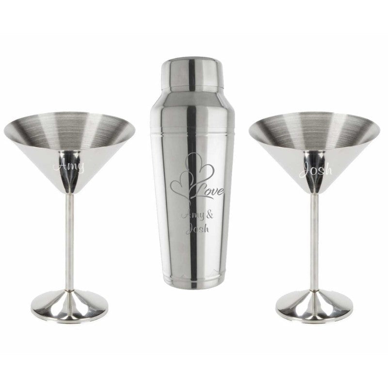 Stainless Steel Cocktail Shaker with 2 Stainless Steel Martini Glass Set - Personalized Engraved Gifts