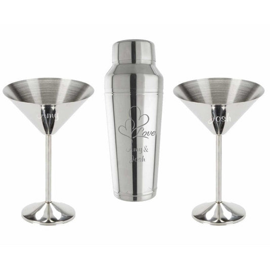 Stainless Steel Cocktail Shaker with 2 Stainless Steel Martini Glass Set - Personalized Engraved Gifts
