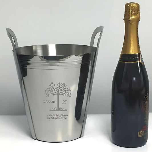 Stainless Steel Ice bucket engraved with tree artwork and names
