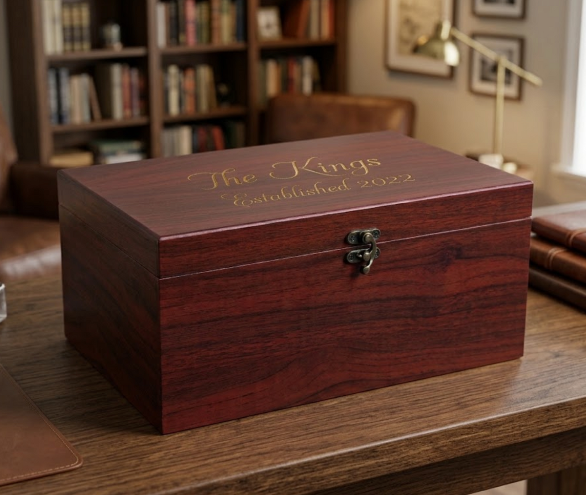 Personalized wooden keepsake box with engraved family name and date on the lid