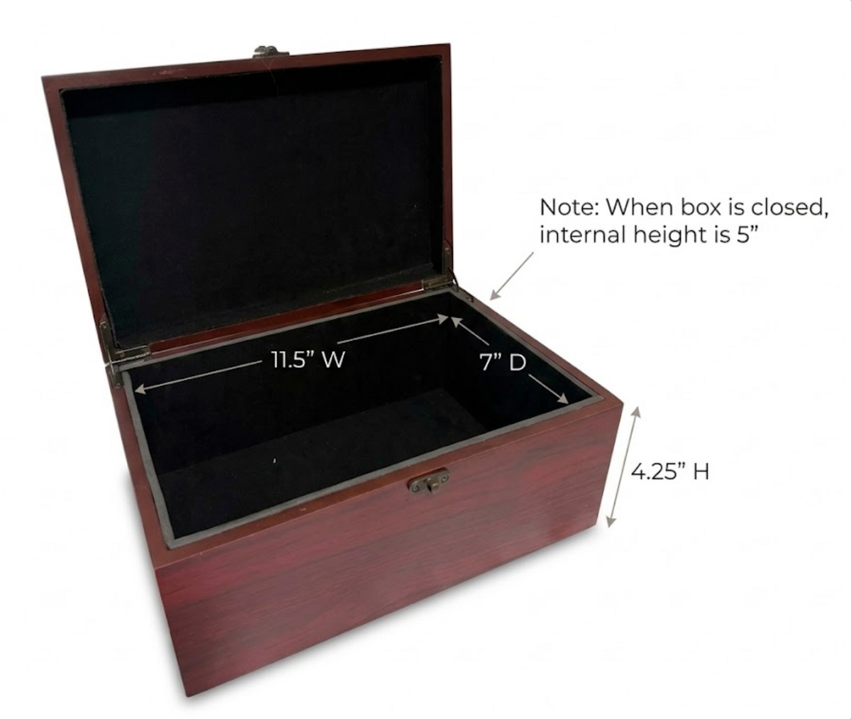 Open wooden keepsake box showing black velvet lining and interior dimensions