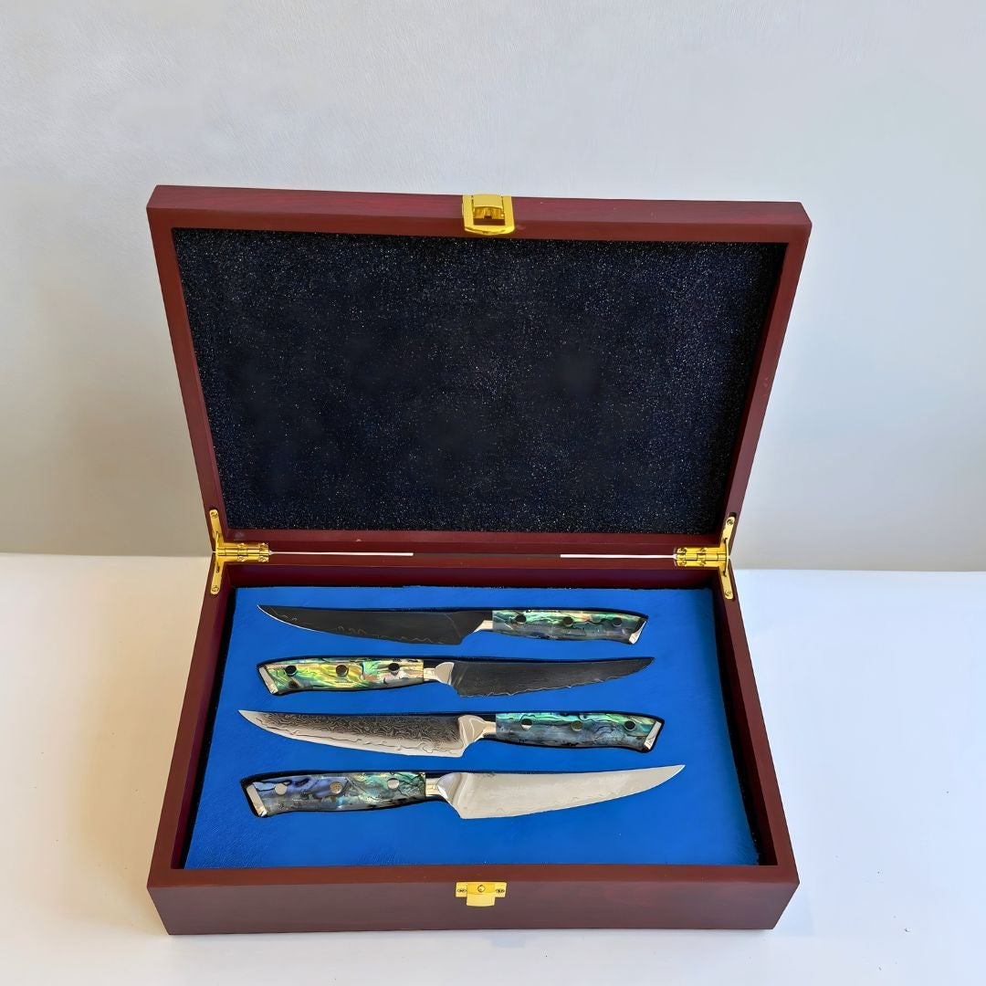 Juego de regalo de cuchillos para carne de acero de Damasco personalizados con mango de abulón