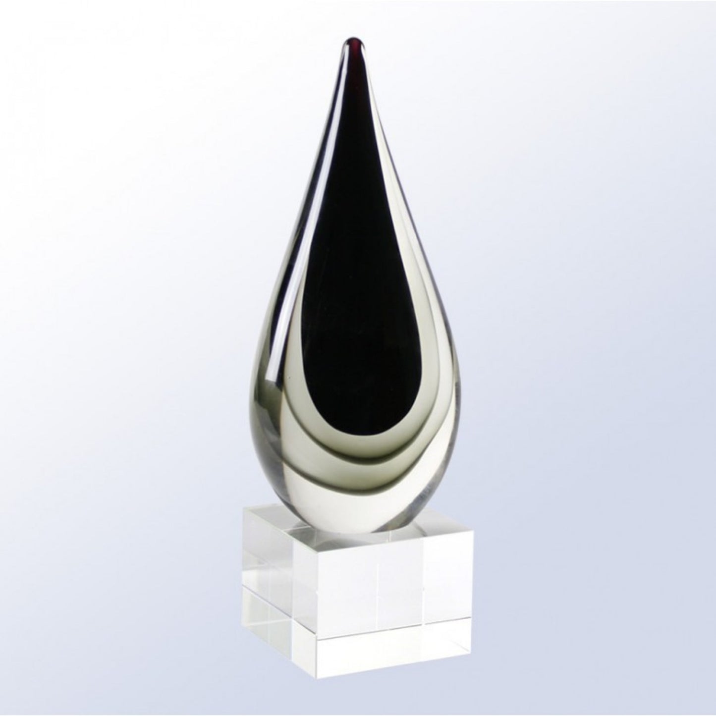 Black art glass award on crystal base
