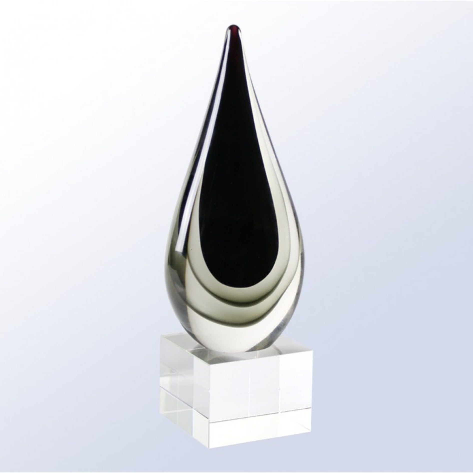 Black art glass award on crystal base
