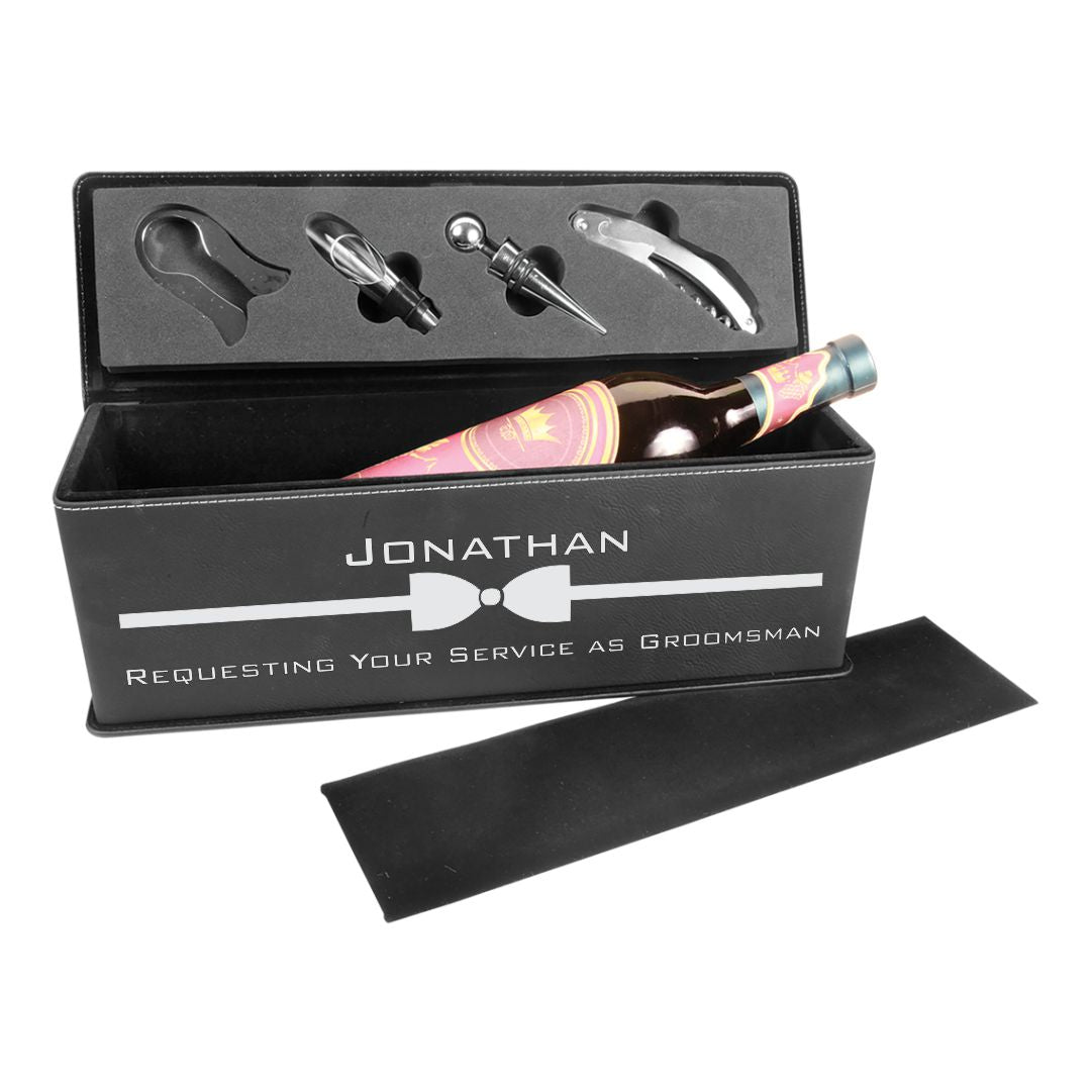 Laser Engraved Wine Gift Box with Tools ~ Black Leatherette - Personalized Engraved Gifts