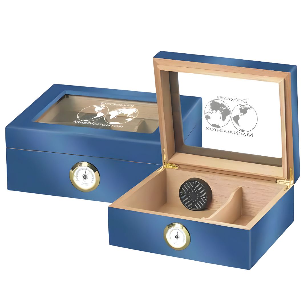 High Gloss Blue Humidor with Engraved Glass - Personalized Engraved Gifts