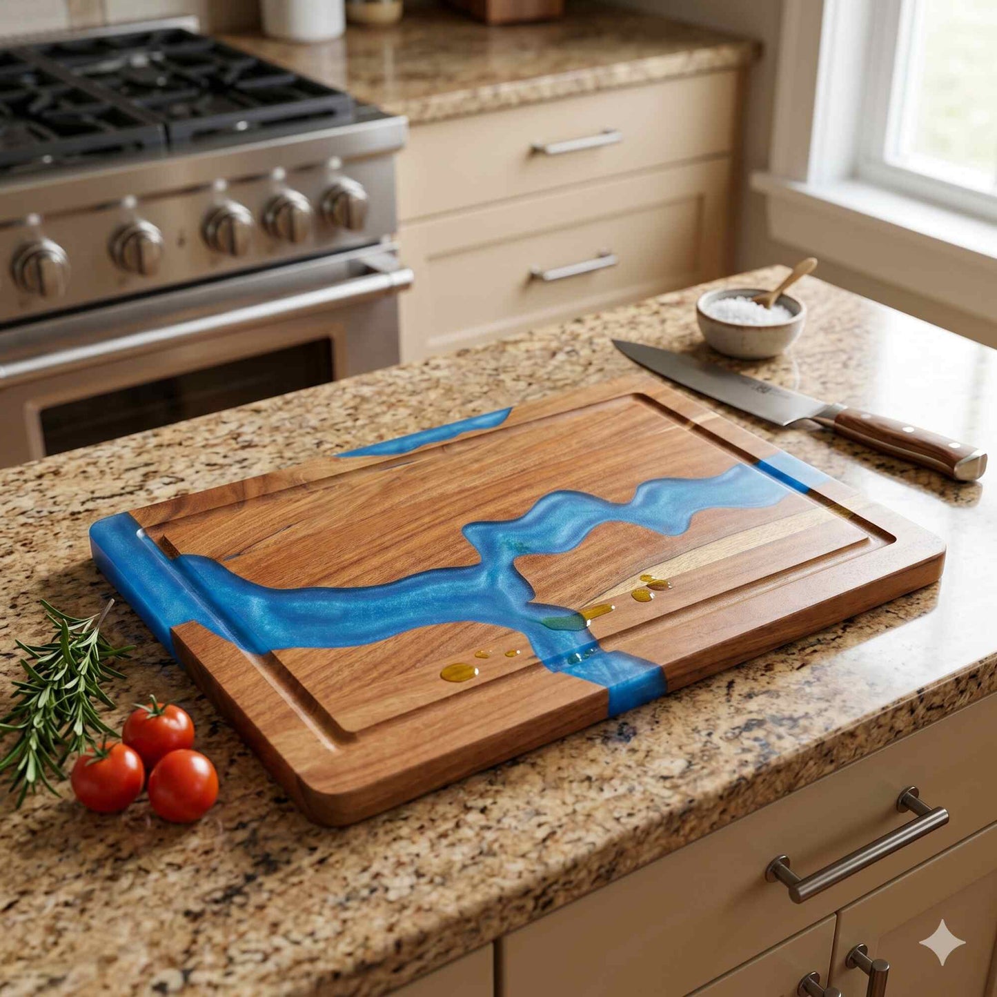 Wooden cutting board with blue resin design on a kitchen counter