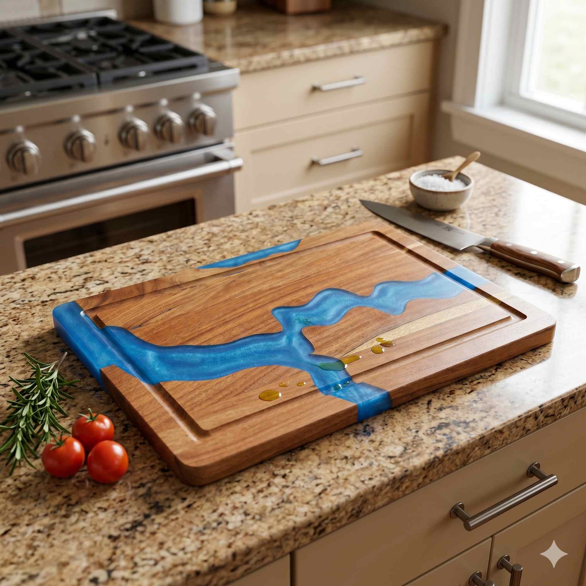 Wooden cutting board with blue resin design on a kitchen counter