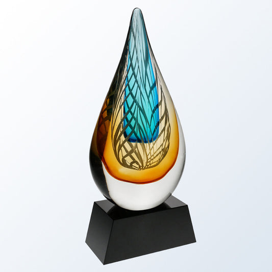 gold and blue feathered artglass flame award