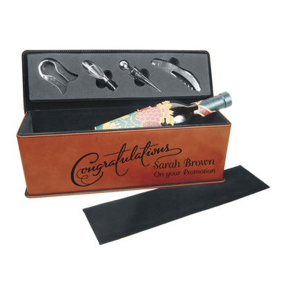 Custom Engraved Leatherette Wine Box with Tools ~ Brown Leatherette - Personalized Engraved Gifts