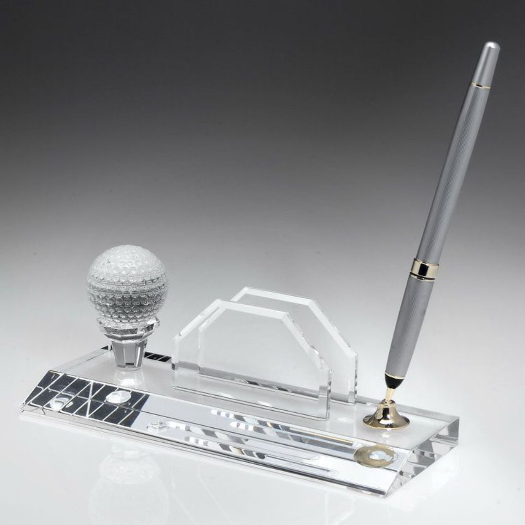 Engraved Crystal Pen Set Name Plate with Golf Ball ~ Cascade - Personalized Engraved Gifts