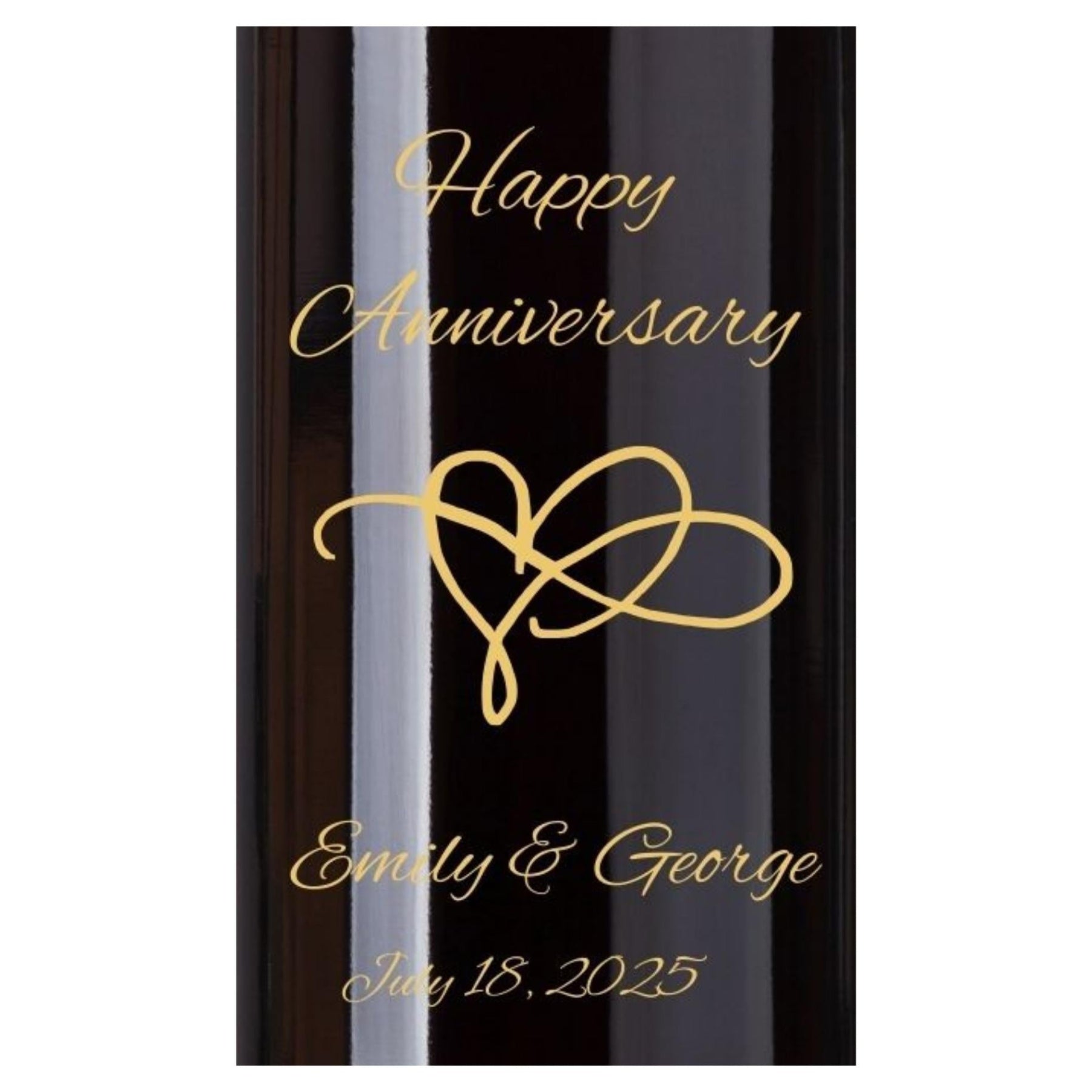 engraved Wine bottle with 'Happy Anniversary Emily & George' on a white background
