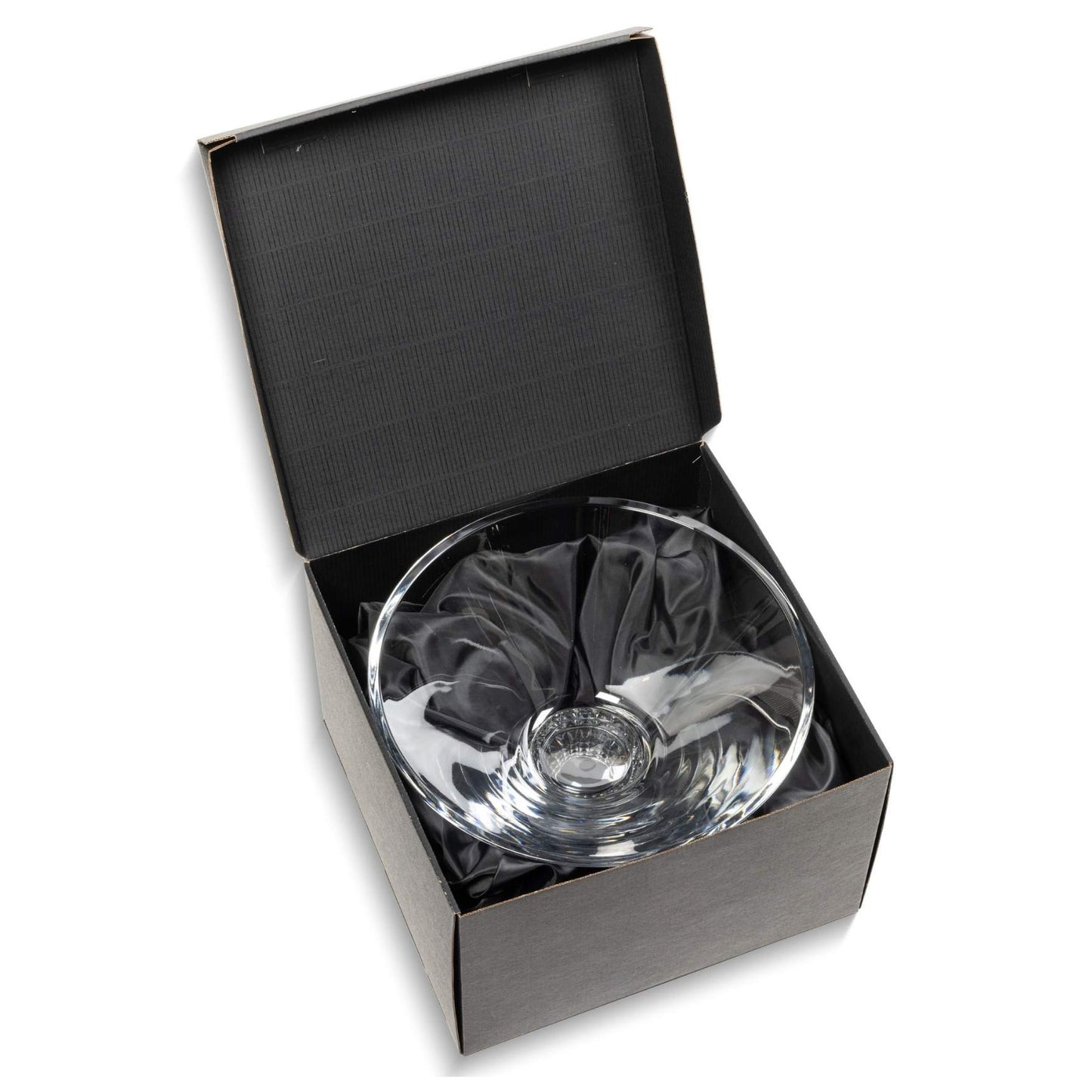 Crystal bowl in an open black box on a white background