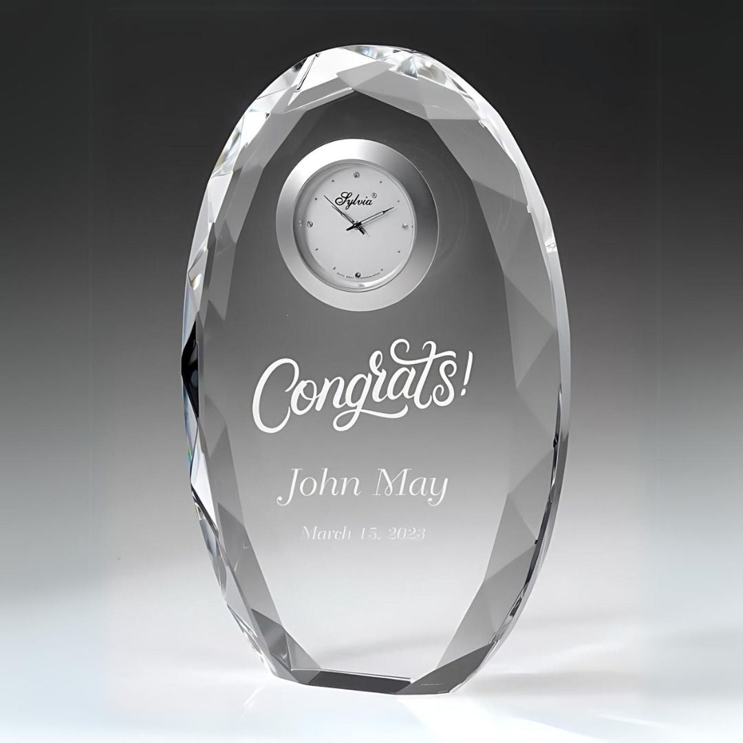 Engraved Faceted Oval Crystal Clock ~ Scholar - Personalized Engraved Gifts