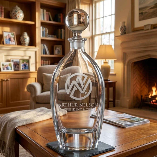 engraved crystal decanter with stopper in  living room