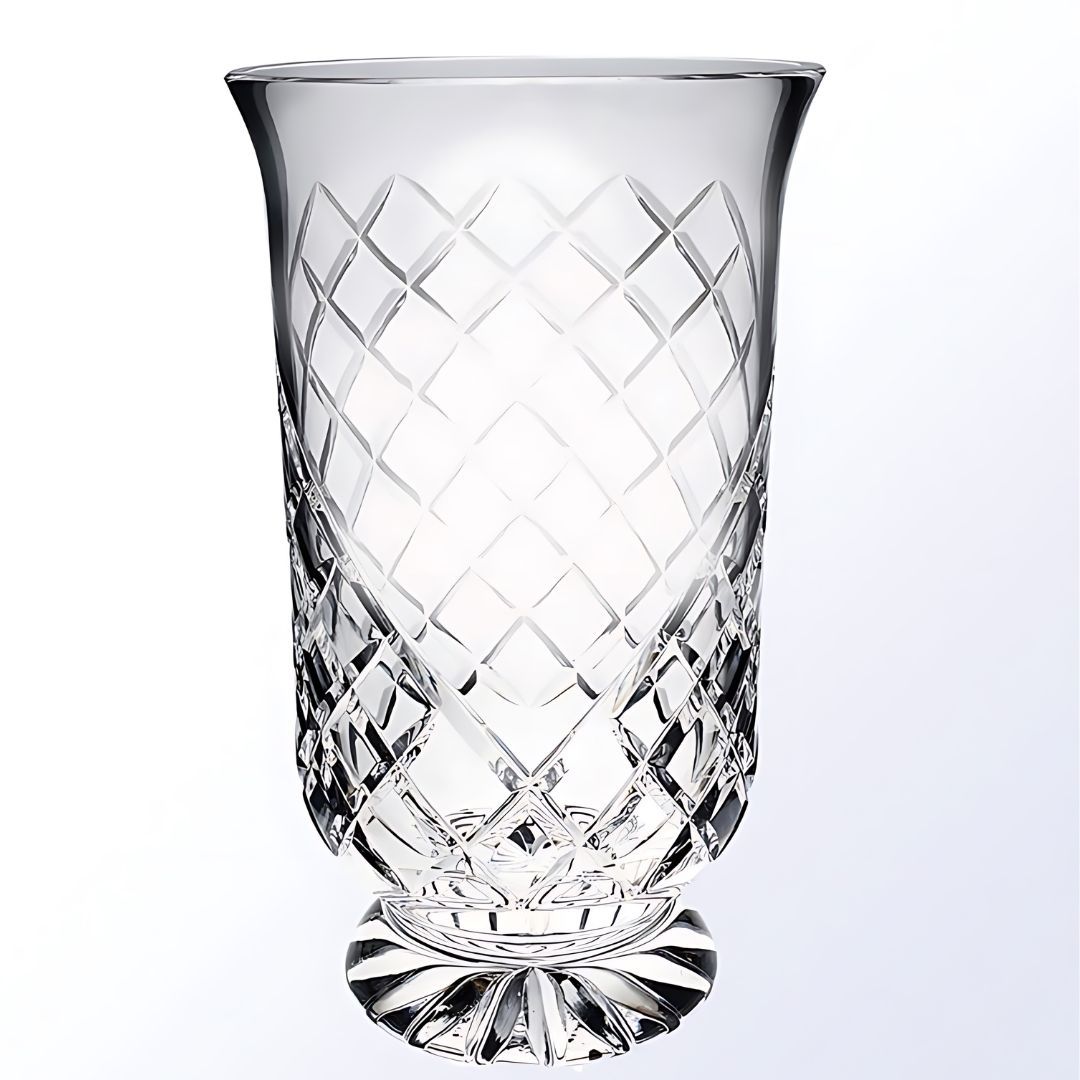 Tall Lead Crystal Hurricane Vase with Cut Design ~ Harper - Personalized Engraved Gifts