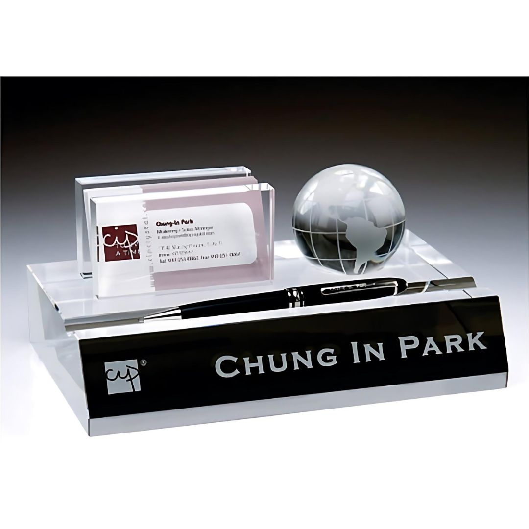 Engraved Crystal Name Plate, Business Card & Pen Holder with Globe ~ Galax - Personalized Engraved Gifts