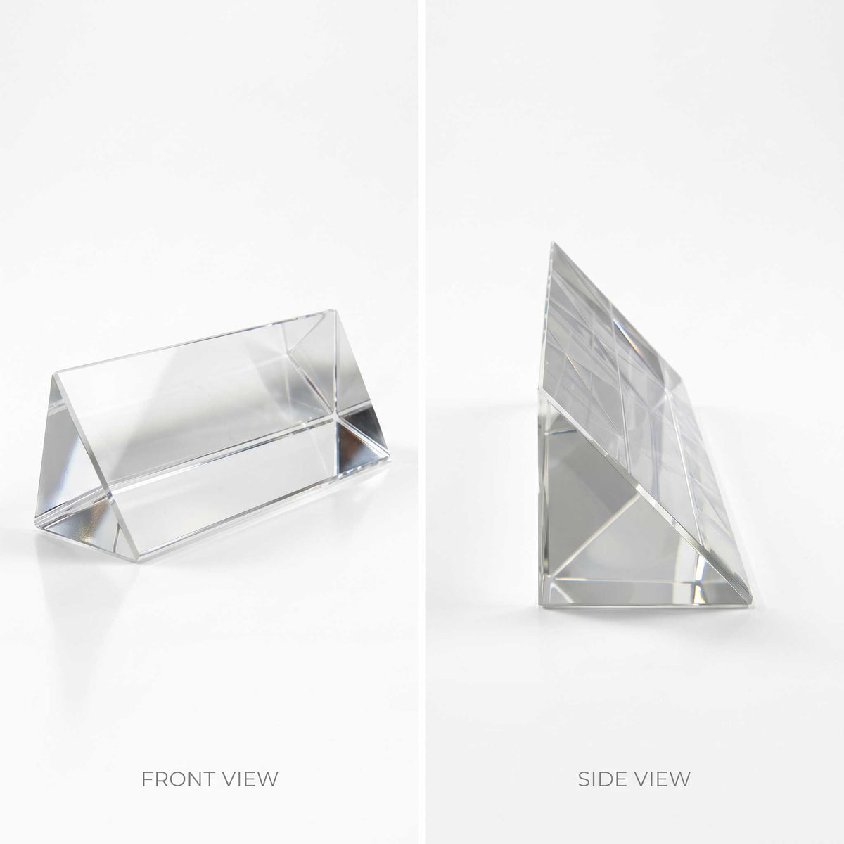 Crystal Name Plate from two angles on a white background, labeled FRONT VIEW on the left and SIDE VIEW on the right.