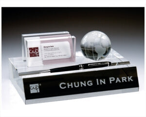 Engraved Crystal Name Plate, Business Card & Pen Holder with Globe ~ Galax - Personalized Engraved Gifts