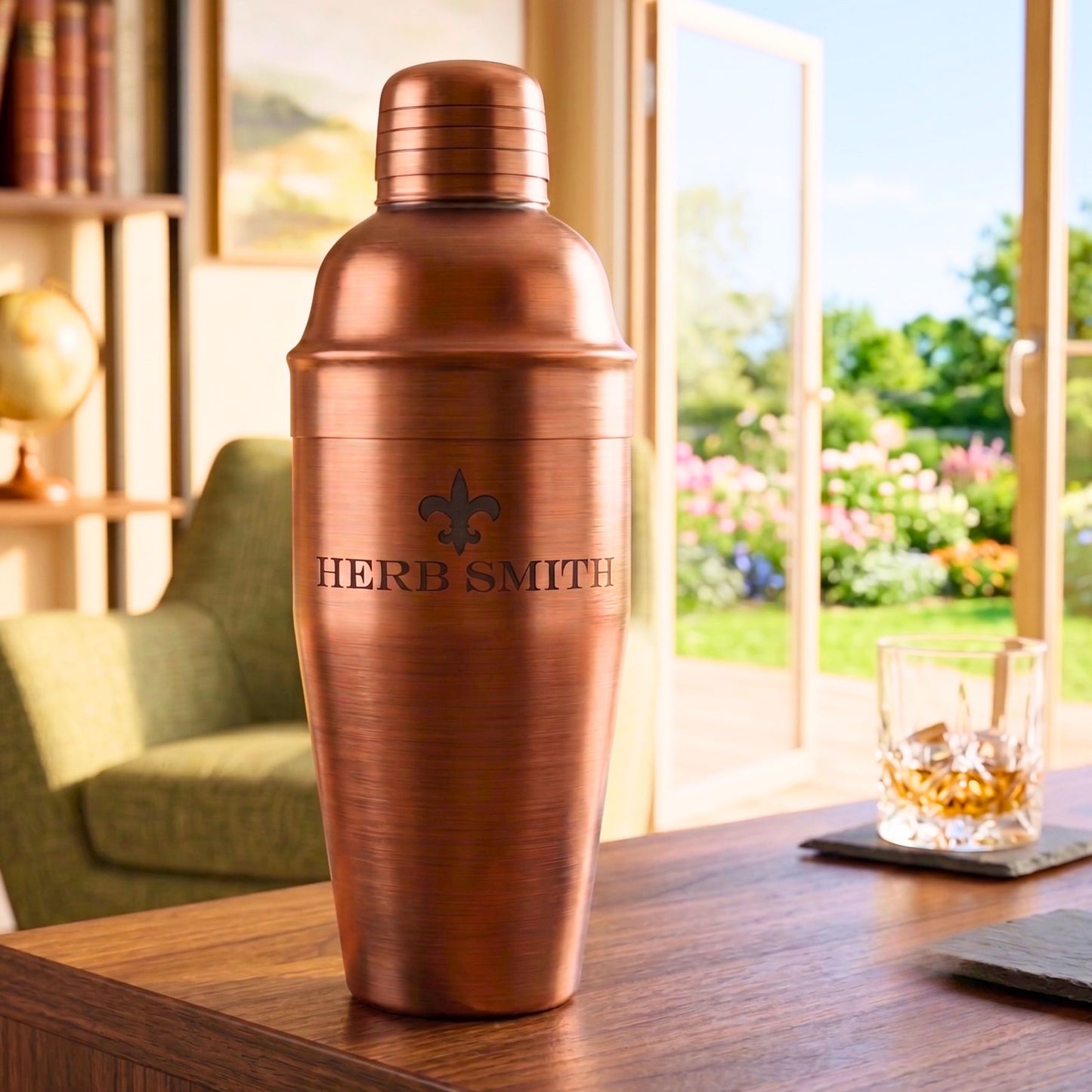 A brushed copper cocktail shaker with a matching lid, shown in living room background