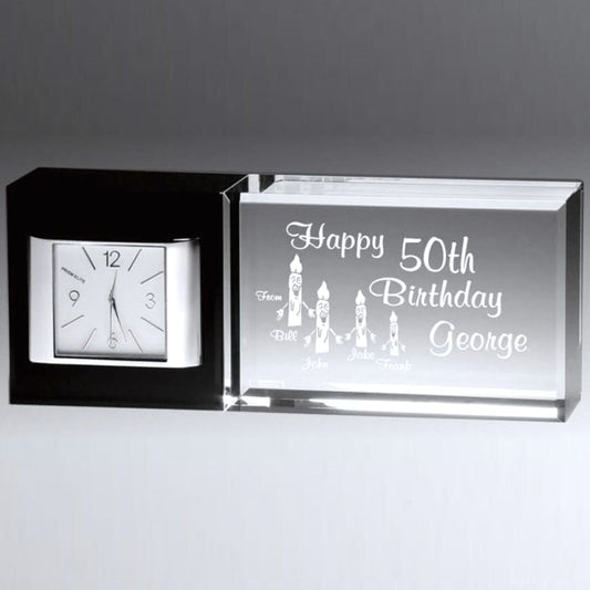 Personalized Black & Clear Crystal Desk Clock ~ Tux - Personalized Engraved Gifts