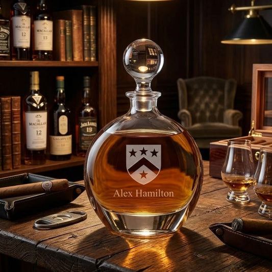 A personalized clear glass decanter filled with amber whiskey sits on a wooden table in a dimly lit bar or lounge setting. The decanter has a round body, a stopper with a spherical top, and a printed crest with stars and the name 'Alex Hamilton' on the front.