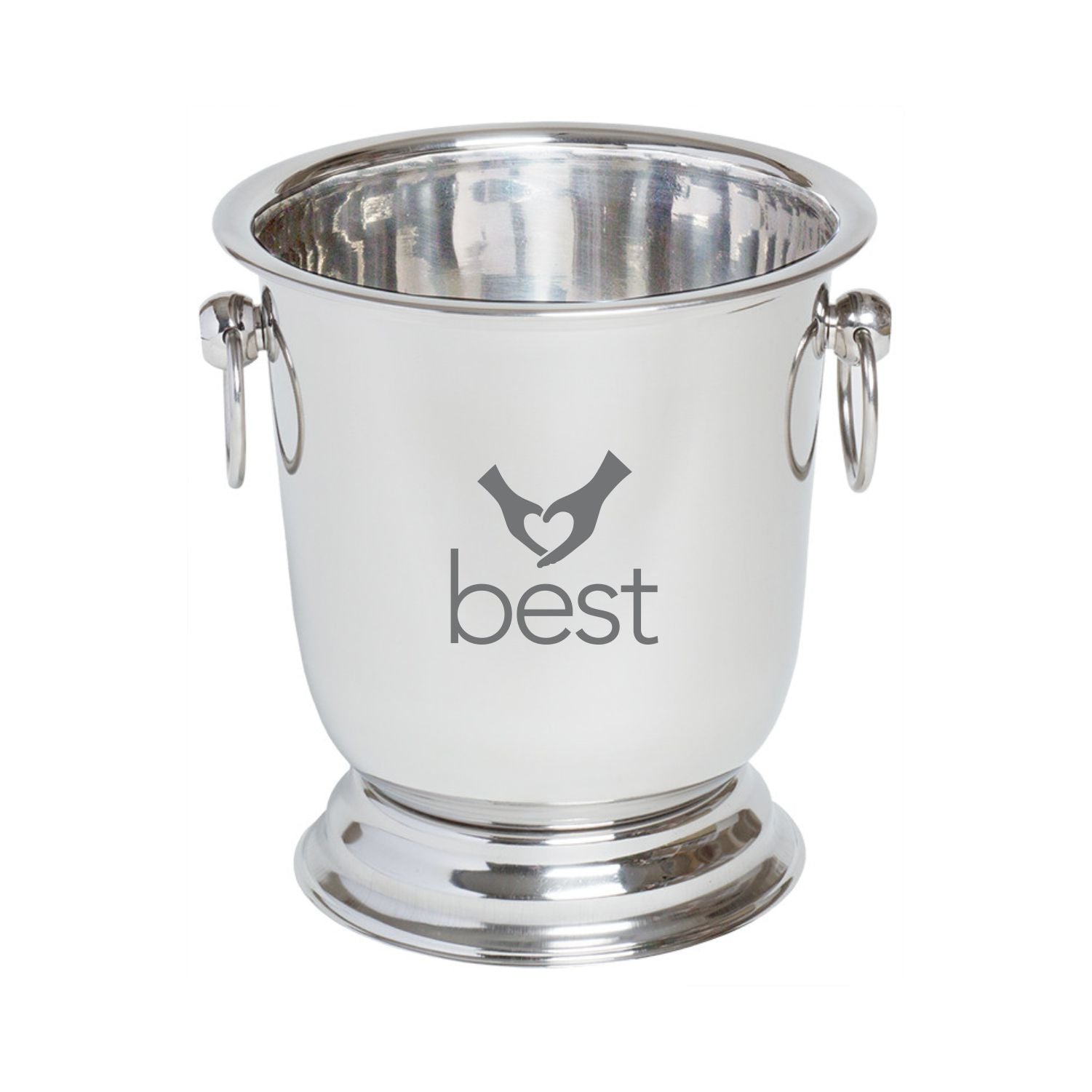 Silver ice bucket with 'best' engraving on a white background