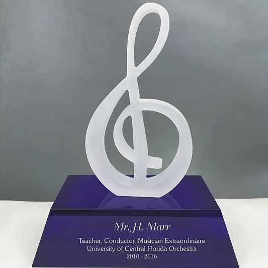 Glass Music Award on Custom Engraved Blue Base ~ Treble Clef - Personalized Engraved Gifts