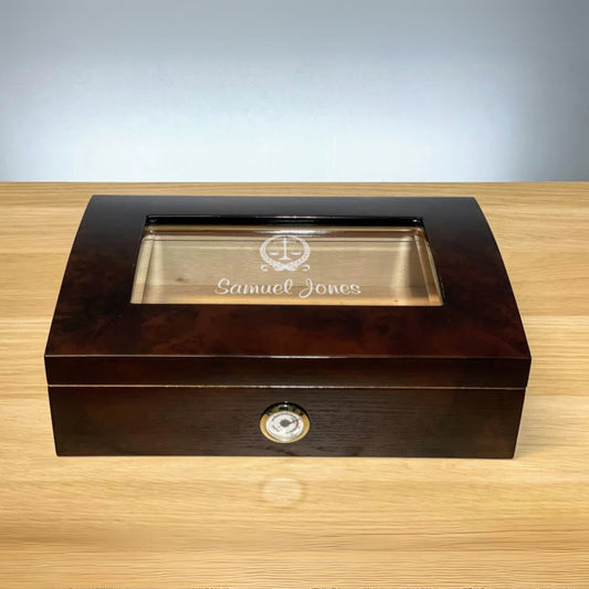 Dark Wood Finish Desktop Humidor with Engraved Glass Top ~ Ammons