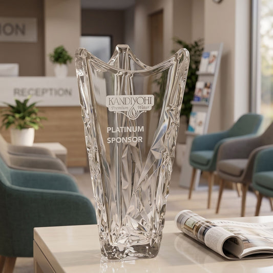 A clear cut-glass or crystal-style vase with a faceted, geometric design stands on a tabletop in a blurred reception lobby. The front is etched with the text 'KANDIYOHI Water Platinum Sponsor'.
