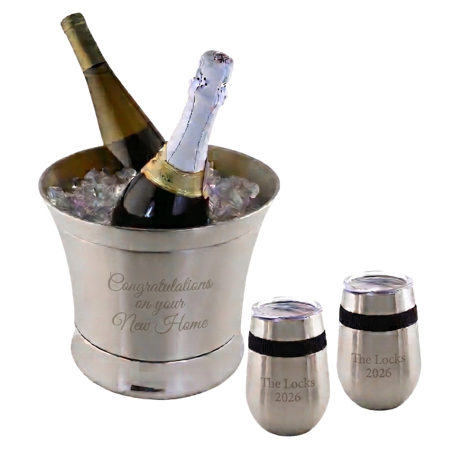engraved stainless steel ice bucket and stemless glasses on white background