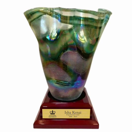 textured earth tone art glass vase on piano finish base engraved gold plate