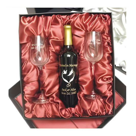 Deluxe Engraved and Hand-Painted Wine Bottle with 2 Engraved Wine Glasses Gift Set - Personalized Engraved Gifts