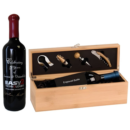 Laser Engraved Bamboo Wine Gift Set With Engraved Wine Bottle - Personalized Engraved Gifts