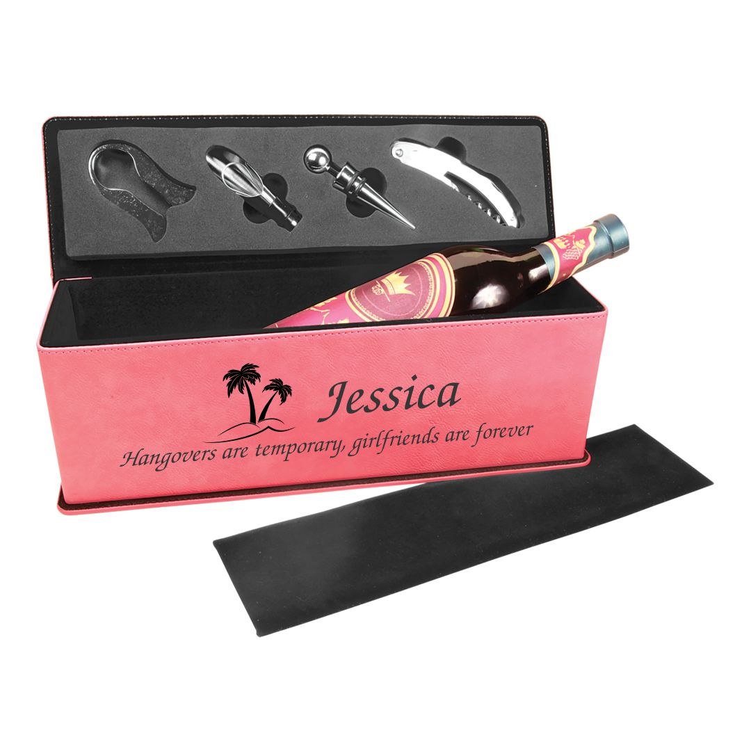 Personalized Wine Box with Wine Tools ~ Pink Leatherette - Personalized Engraved Gifts