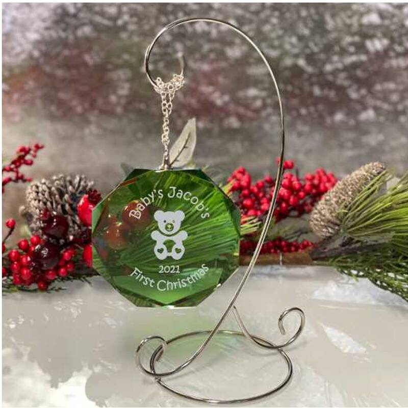 Engraved Green Crystal Octagon Ornament Engraved for the Holidays - Personalized Engraved Gifts